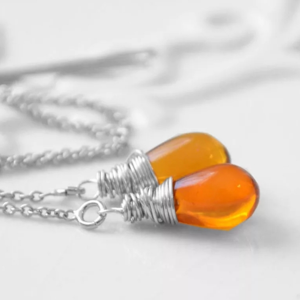 AMBER GLASS THREADER EARRINGS GOLD CHAIN OR SILVER